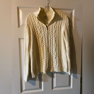 L.L. Bean Womens Medium Sweater Oatmeal Beige Cable Knit Full Zip Long Sleeves